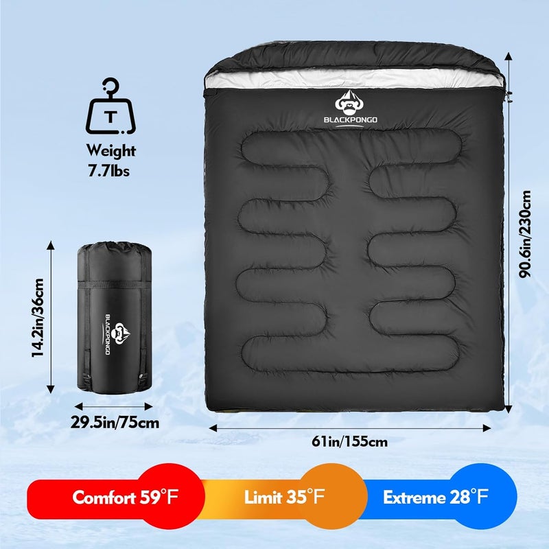 Blackpongo Double Sleeping Bag for Adults Men Women, XL Queen Size Two Person Sleeping Bag for All Season Camping Hiking Backpacking 2 Person Sleeping Bags for Cold Weather & Warm - Image 3